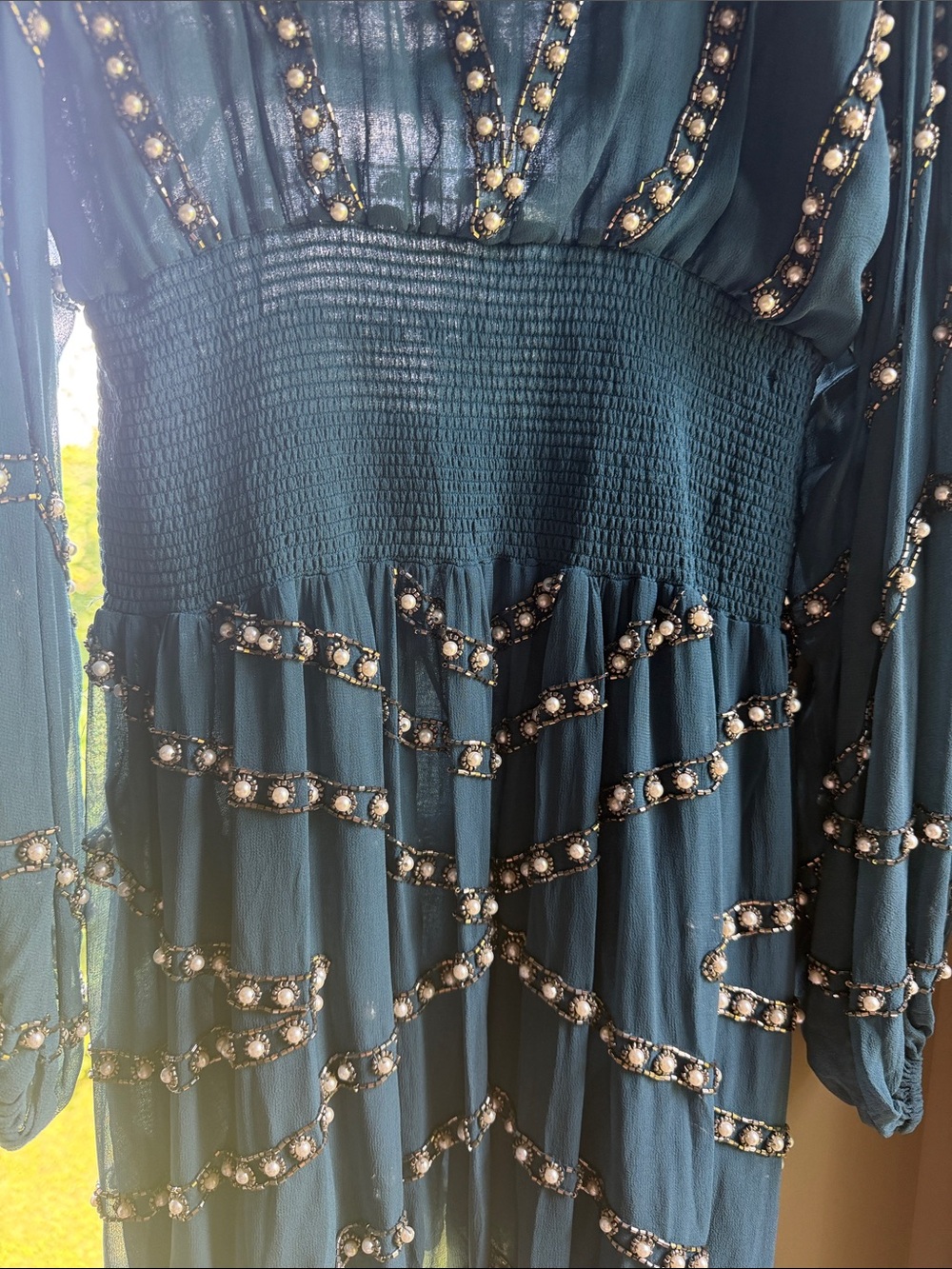 Jen's Pirate Booty pearl Embellished V-Neck Mini Dress BOHEMIAN wedding Small - Picture 3 of 5